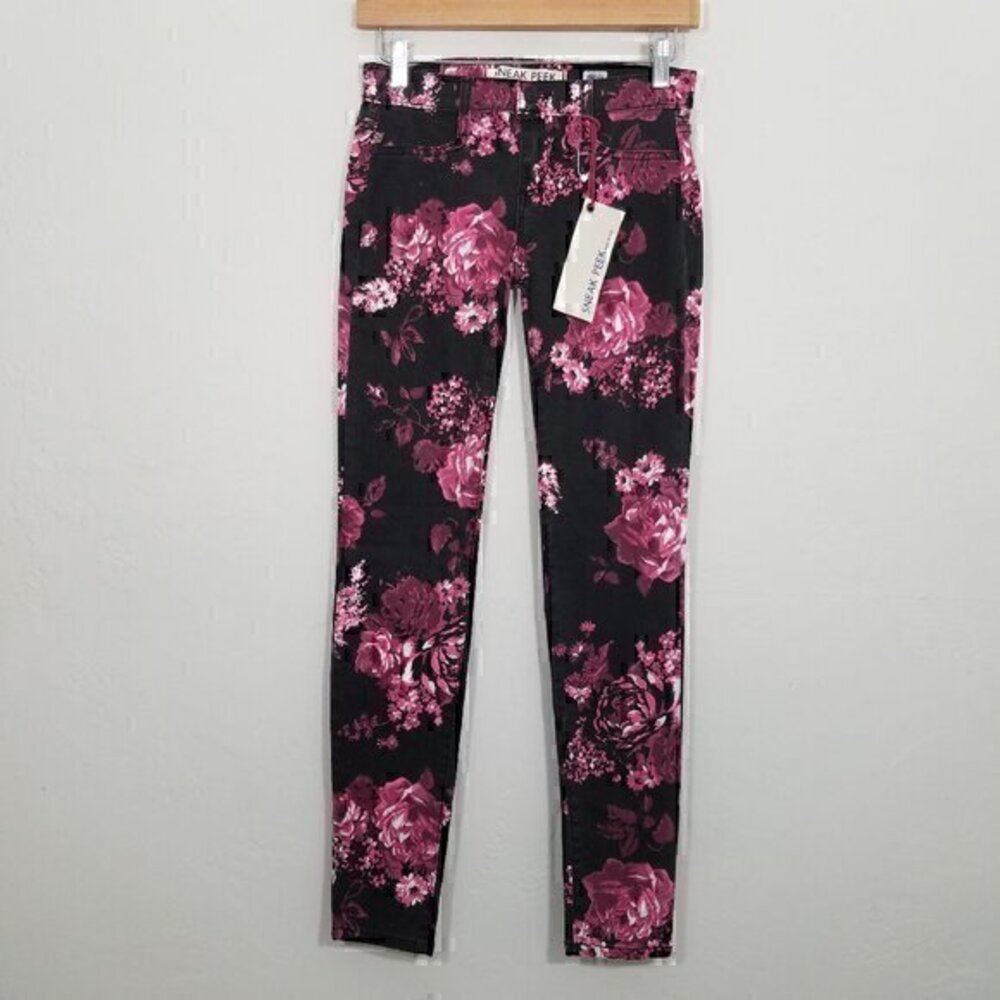NWT Sneak Peek Floral Skinny Floral Jeans Stretch Black and Pink Pants Size 1